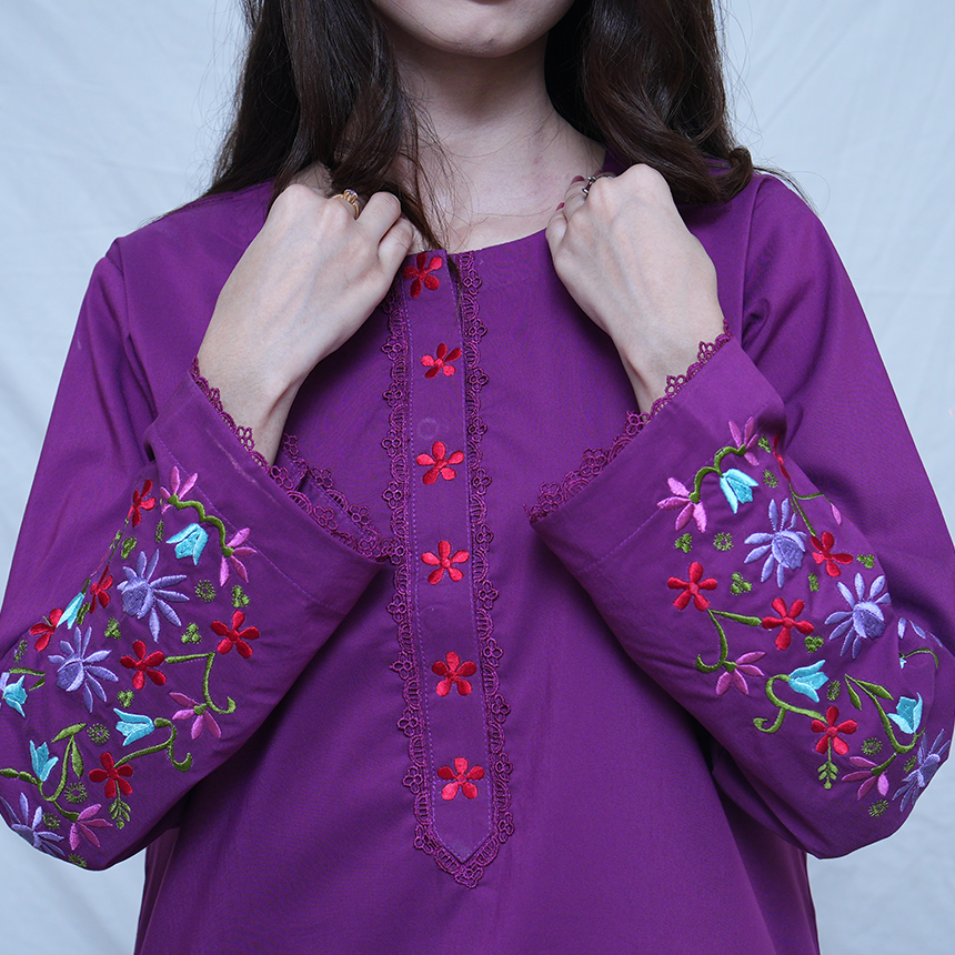 purple casual dress with embroidery